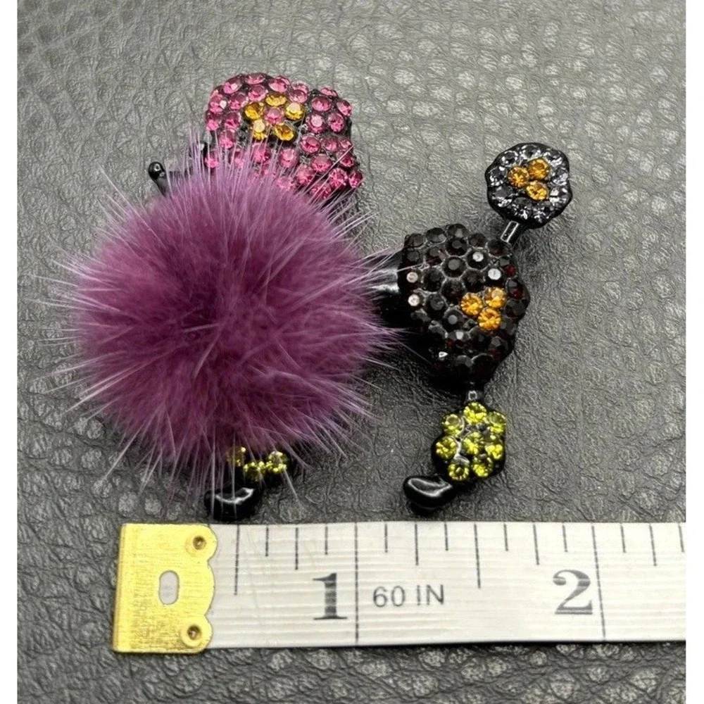 Rhinestone Poodle Dog Pom Pom Brooch Pin Pink Yellow Black Japanned Metal